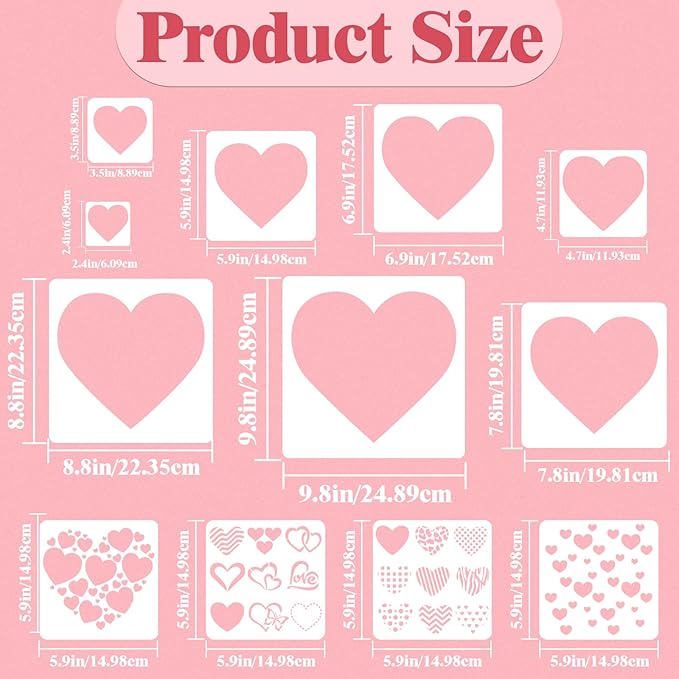 12 PCS Love Heart Stencils for Painting - Different Size Love red Heart Reusable Valentine's Painting Templates on Wood, Glass, Fabric, Window Door Decor DIY Decoration