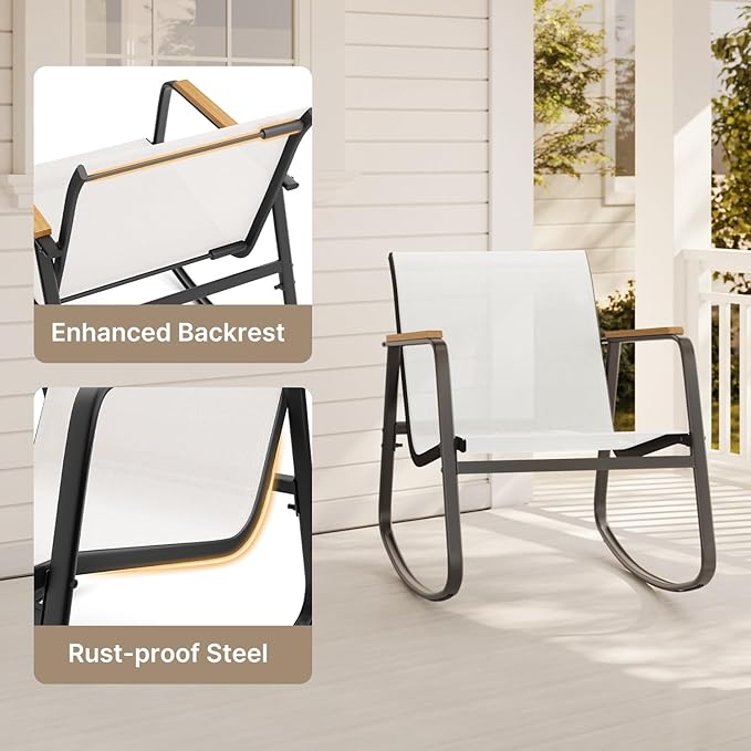 Aiho 3-Piece Patio Furniture Set, Outdoor Furniture with Textilene Fabric Rocker Chairs with Coffee Table, Patio Bistro Sets for Garden, Balcony, Poolside(White)