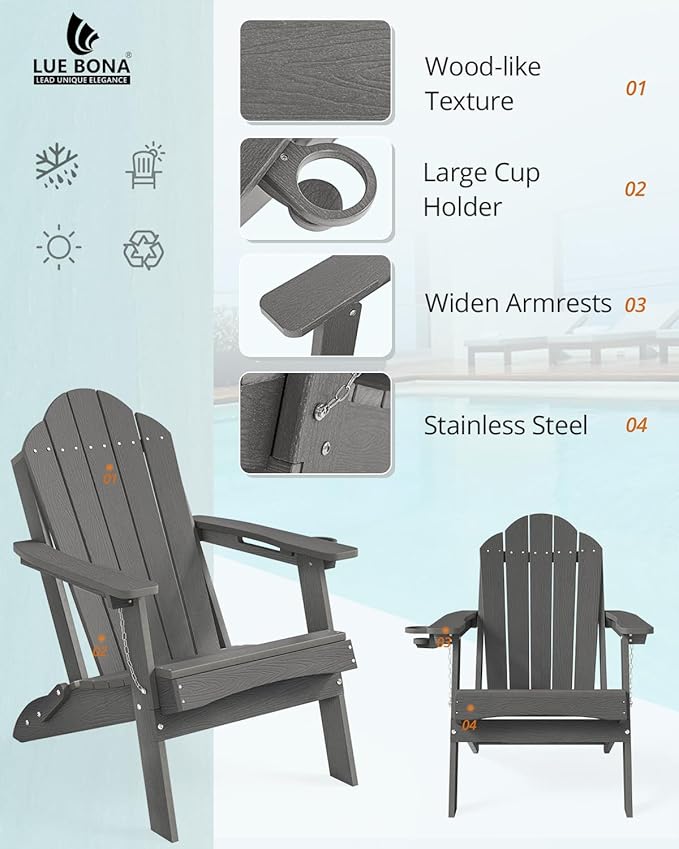 LUE BONA Folding Adirondack Chair, Chairs Set of 8, Cup Holder, Woodgrain, Fire Pit, Patio, Pool, Dark Grey