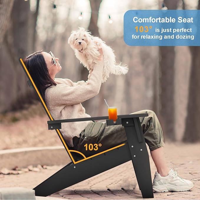 MXIMU Modern Adirondack Chairs Set of 6 Weather Resistant with Cup Holder Oversize Plastic Fire Pit Chairs Plastic Outdoor Chairs for Firepit Area Seating (Black)