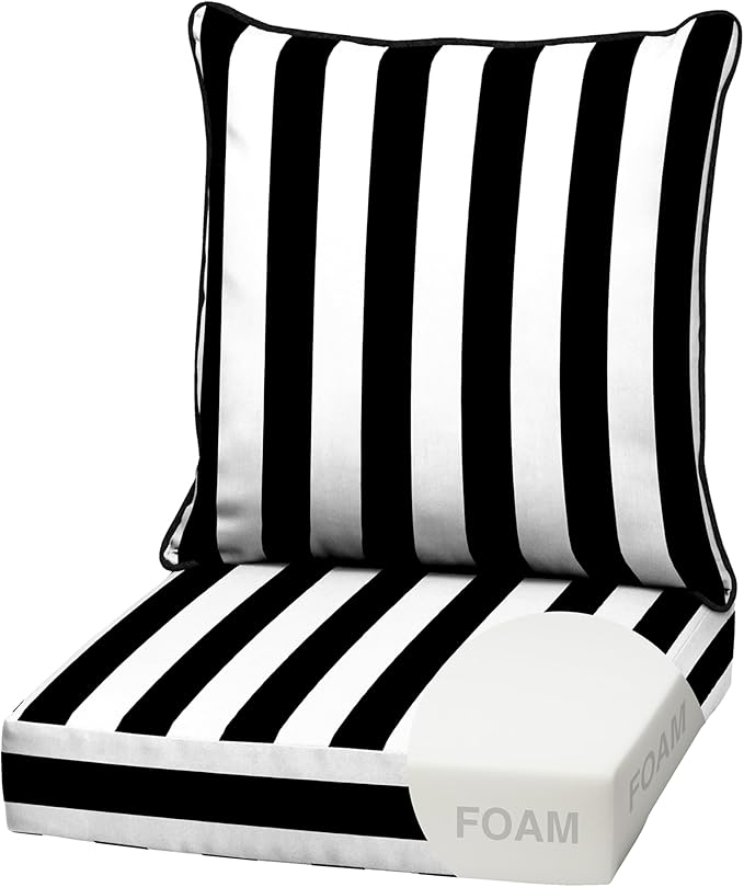 Arden Outdoor Foam Deep Seat Cushion Set, 22 in x 24 in, Weather-Proof, Rain-Proof, Fade Resistant Patio Cushion, Bottom and Back Cushion for Chair, Sofa, and Couch Black Cabana Stripe