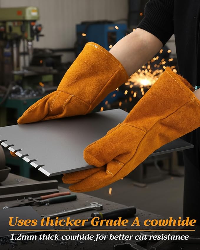 Mepase 4 Pairs Leather Welding Gloves 14 Inch Gardening Gloves for Men Women Heat/fire Resistant Stitching Mitts for Oven/grill/fireplace/furnace/stove/pot Holder/wood Burner/animal Handling, Tan