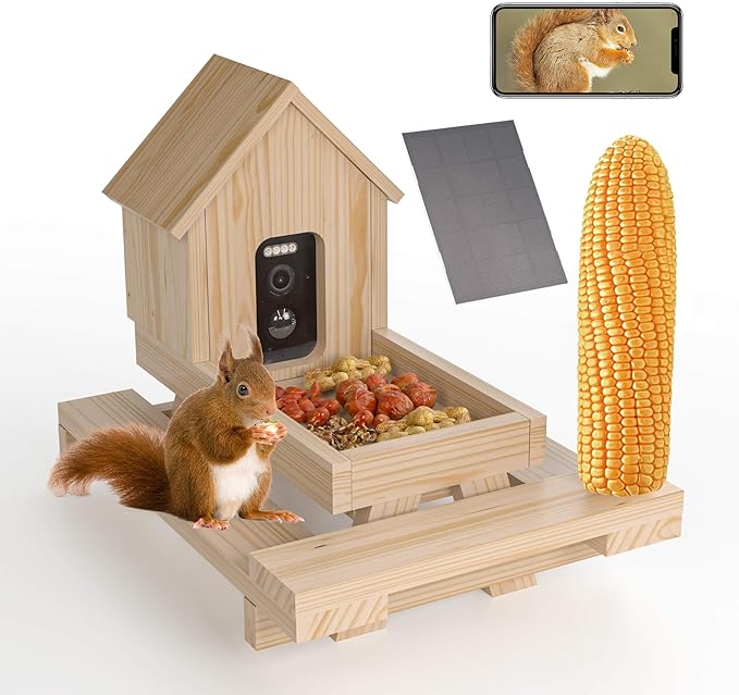 Wooden Squirrel Feeder with Camera Solar Powered, Smart Squirrel Picnic Table Feeder with Corn Cob Holder, Squirrel Feeders for Outside Backyard for 2.4g WiFi Coverage Area