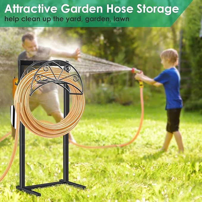 TomCare Garden Hose Holder Heavy Duty Water Hose Holder Holds 160 FT Hoses 4 Spikes Hose Reel with 2 Tool Hooks Freestanding Hose Hanger Sturdy Hose Storage Stand for Outside Yard Lawn, Black