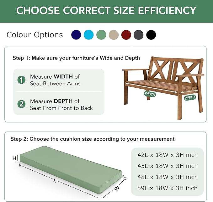 Outdoor Bench Cushion: Waterproof and Fade Resistant Patio Furniture Cushions - Non-Slip Bench Pad Cushion with Removable Cover for Garden Swing Porch Sofa Settee, 45 x 18 Inch, Sage Green