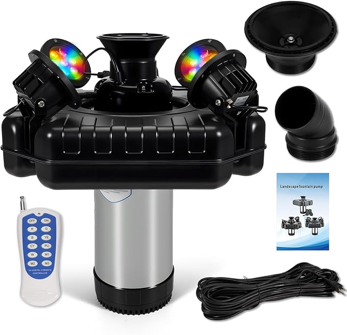 110V 15000 GPH Pond Fountain Aerator, Stainless Steel Fountain Pump with lights (4 lights)