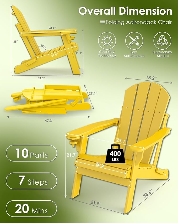 GREENVINES Folding-Adirondack-Chairs-Set-of-4 | HDPE Plastic | Fire Pit Chair | All Weather | Cup Holder | Yellow | for Deck Backyard Patio Outdoor Garden