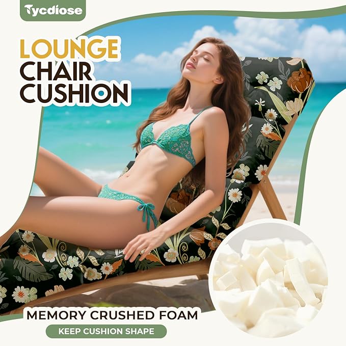 All Weather Chaise Lounge Cushions Outdoor Lounge Chair Cushion, Waterproof Memory Foam Chaise Lounger Chair Cushion for Outdoor Patio Furniture with Non-Slip Back and Ties, Green Floral