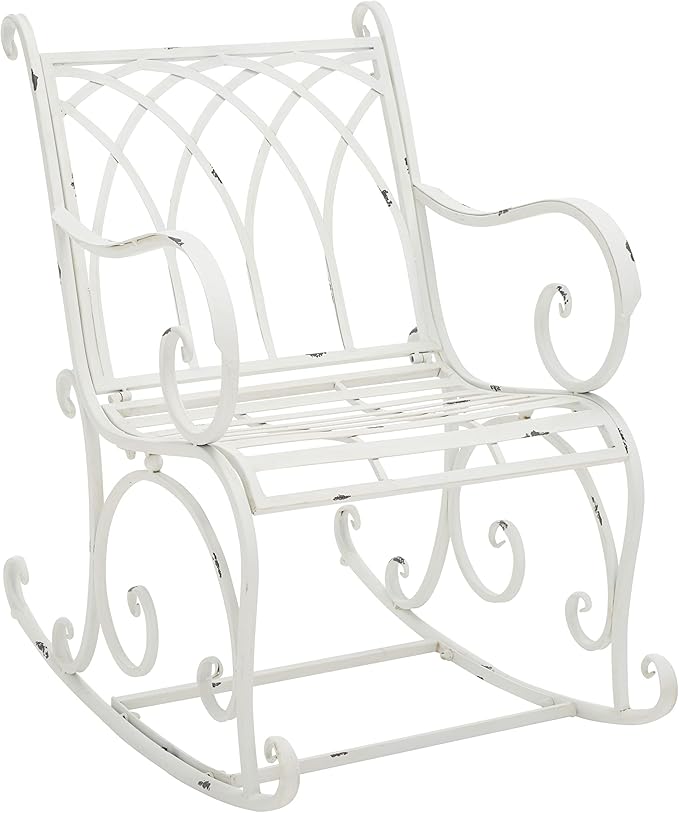 SAFAVIEH Outdoor Collection Medrano Victorian Antique White Wrought Iron Rocking Chair