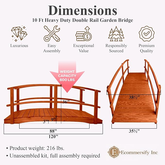 10 FT Cedar Amish Made Garden Bridge with Double Rails for Walkway, Backyard Pond & Landscaping, Outdoor Wooden Footbridge for Koi Pond, Japanese Style Decorative Bridge, Made in USA