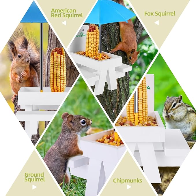 MIXXIDEA Squirrel Feeder Table with Umbrella, Wooden Squirrel Picnic Table Feeder, Durable Squirrel Feeder Corn Cob Holder, with Solid Structure and 2 x Thick Benches(White&Blue)