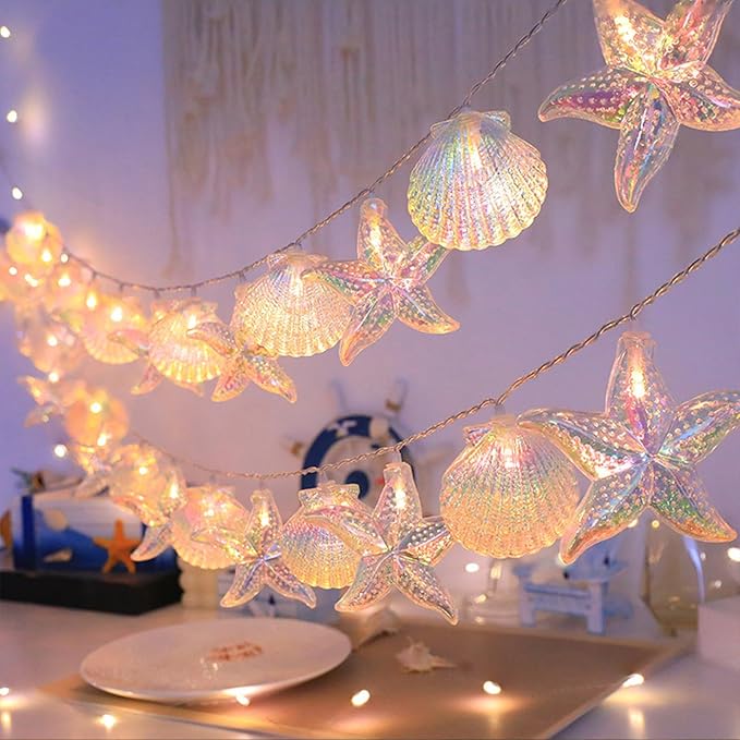 Starfish Shell String String Light 9.8FT 20 LED Lights with Battery Operated Warm White LEDs, Ocean Theme for Holiday Party, Wedding, Garden Decoration (Shell Star Seahorse, 9.8 FT)