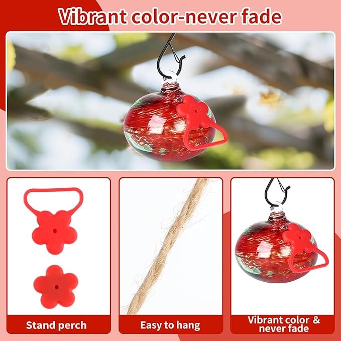 Small Hummingbird Feeders for Outdoors Hanging,Hand-Blown Glass Hummingbird Feeder with Silicone Feeding Perch,Never Leak,Gardening Gifts for Woman Man(Red)