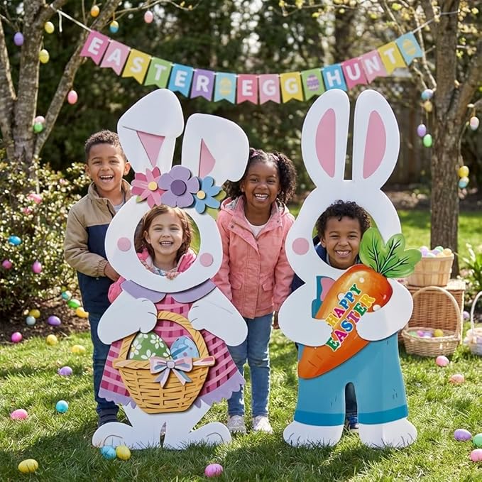 2 Pcs Happy Easter Face Yard Signs Decorations Cute Bunny Egg Yard Sign with Stake Photo Props for Spring Easter Egg Hunt Party Supplies Patio Lawn Garden Outdoor Decor