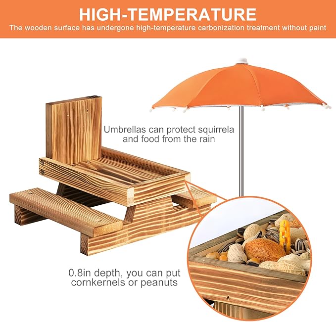 Gnodary Squirrel Feeder with Umbrella, Squirrel Feeders for Outside, Squirrel Picnic Table Feeder - Chipmunk Feeder Hold Corn, Corn Cob, Peanuts Style2 (Orange)