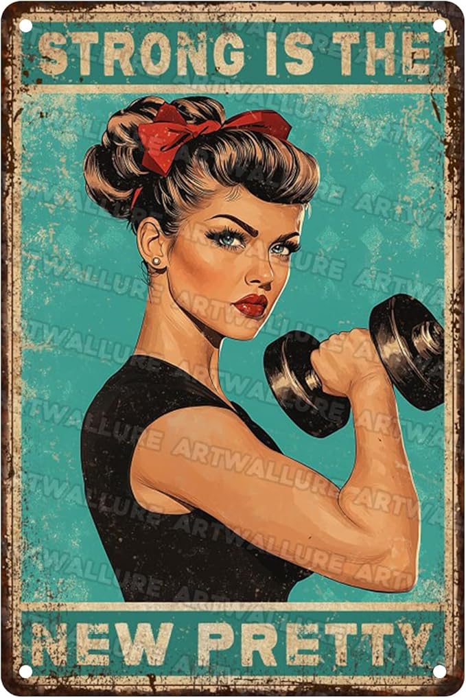 Gym Decor Strong Is The New Pretty Metal Tin Sign Vintage Fitness Motivational Wall Art for Home Gym Workout Room 8x12 Inch