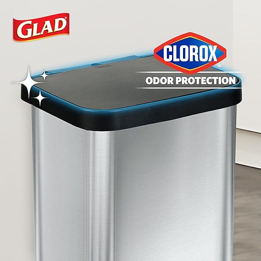 Glad 13-Gallon Stainless Steel Step Trash Can with Clorox Odor Protection, Soft Close Lid, Foot Pedal & Waste Bag Holder – Large Indoor Metal Garbage Bin for Kitchen, Home & Office Use