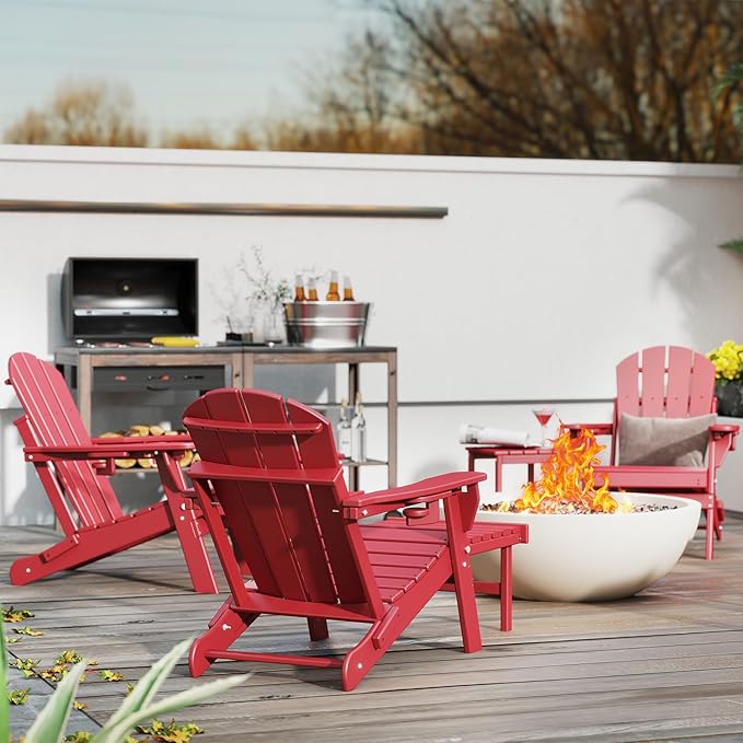 GREENVINES Adjustable Adirondack Chair with Retractable Ottoman Set of 4 | Folding | HDPE Plastic | Fire Pit Chairs w/Foot Rest | 2 Cup Holders | Red | for Outdoor Patio Poolside Deck