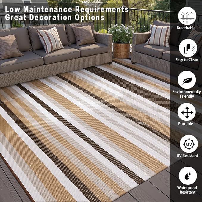 HUGEAR Outdoor Waterproof Rug 8'x10' Plastic Straw Rugs Washable Reversible Floor Mat Brown Stripe Carpet for Camping RV Deck Entryance Porch Picnic Balcony Beach Backyard