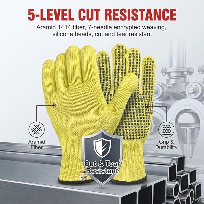 Heat Cut Resistant Gloves,Aramid Oven Gloves with Fingers,Heat Resistant Up to 550°F, silicone beads Thick Knit Design,Machine Washable - Grill Mitts for Men & Women(silicone beads, Large)