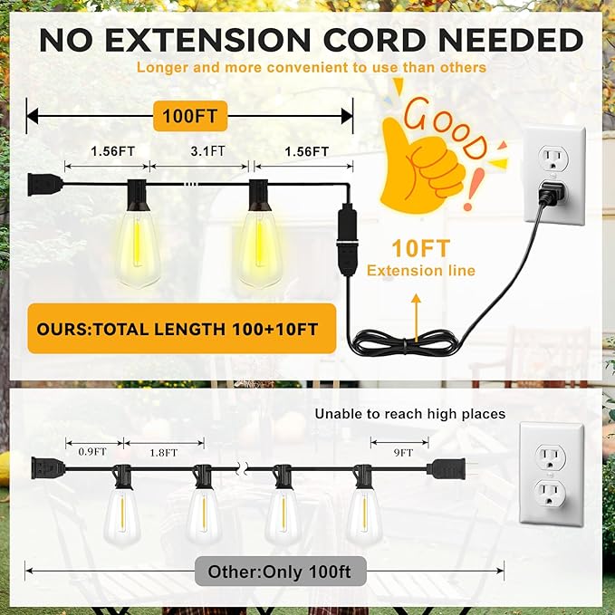 100+10FT LED Outdoor String Lights, Patio Deck Lights with 50+2 Shatterproof ST38 Edison Bulbs, Dimmable Warm White Waterproof Outside Hanging Lights Connectable for Backyard Porch Garden
