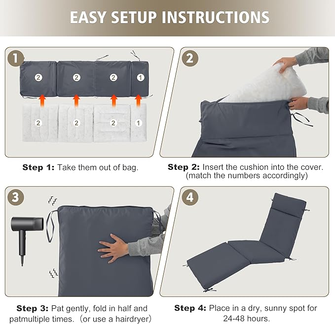 Chaise Lounge Cushion 80x26x3 Inch – Set of 2 Outdoor Lounge Chair Cushions, Lounger Pad Replacement with Fade-Resistant, Removable & Machine-Washable Covers, Ideal for Patio Chaise Chairs, Dark Grey
