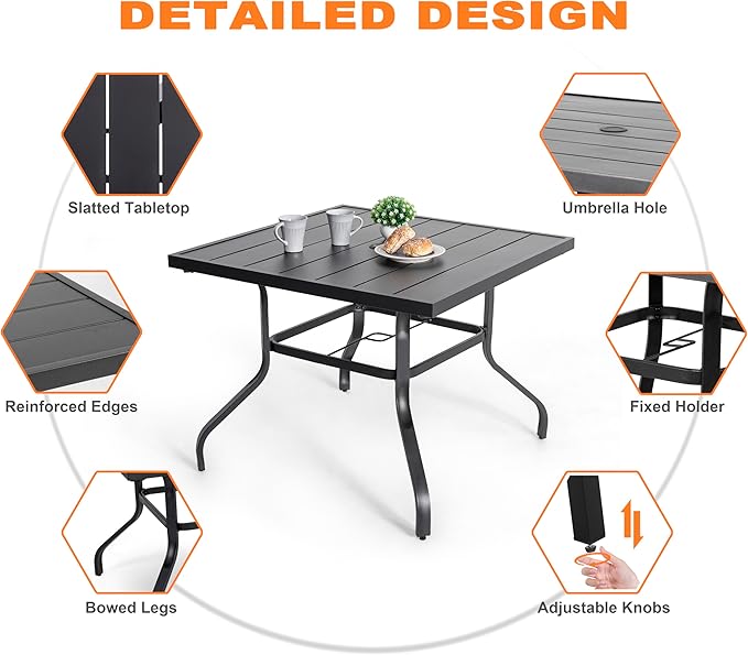 NUU GARDEN 5 Piece Outdoor Dining Set, 4 All Weather Outdoor Padded Textilene Patio Chairs and 37" Square Dining Table with 1.57" Umbrella Hole, for Backyard, Patio, Garden, Brown and Black