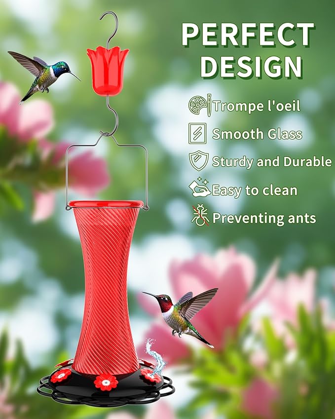 Hanging 20oz Glass Hummingbird Feeder with Moat, Small Outdoor Plastic Bird Feeder, Squirrel Proof, Ants, Outside Water Dispenser for Garden (Red Glass Birdfeeder)