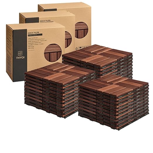 Deck Tiles, Patio Flooring - Outdoor Waterproof Acacia Wood Tiles for All Weather Use - Balcony, Backyard, Indoor & Outdoor (Dark Brown Crossed Pattern, 30 Pcs - 30 Square Ft)