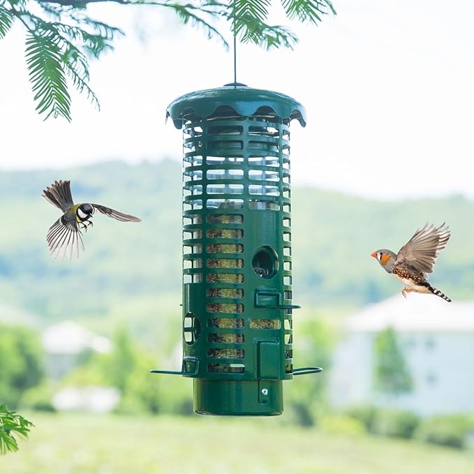 Squirrel Proof Bird Feeder Metal Mesh for Outdoors Hanging Weight Activated Perches,Weatherproof Wild Bird Feeders for Finch, Cardinal Chickadee, Blue Jay 2LB Seed Capacity(Green)