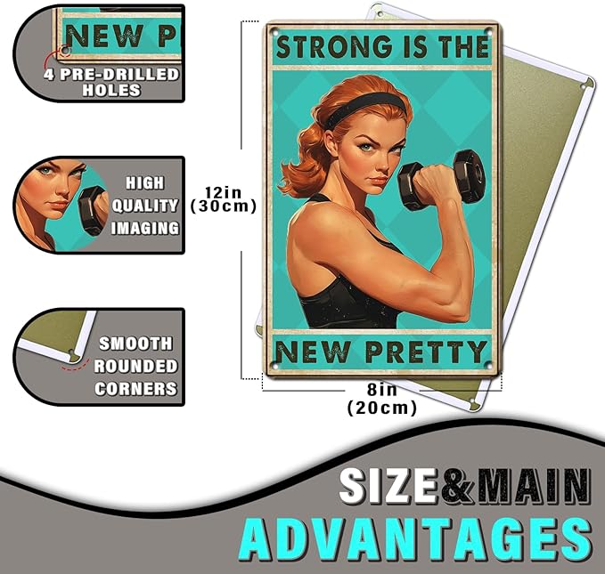 PEACHGARDEN Gym Decor Workout Room Vintage Metal Sign for Home Gym Wall Art Strong is The New Pretty Fitness Poster Motivational Workout Room 8x12inch