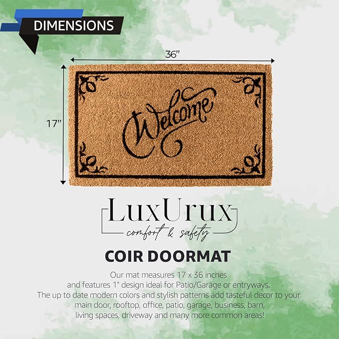 LuxUrux Welcome Mat Outdoor Coco Coir Doormat, with Heavy-Duty PVC Backing - Natural - Perfect Color/Sizing for Outdoor/Indoor uses. (17 x 36 inch, Welcome)