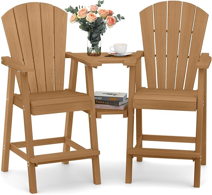 Ciokea Tall Adirondack Chairs Set of 2, HDPE Outdoor High Back Adirondack Chair with Double Connecting Tray, Weather Resistant Balcony Chairs for Deck, Lawn, Pool, Backyard, Teak
