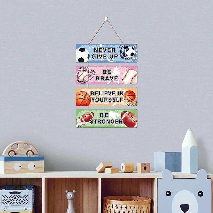 HLNIUC Sports Never Give Up Wooden Signs Set of 4(4”x12”)Boy Inspirational Quotes Wall Decors Football Basketball Baseball Hanging Plaque Motivational Sports Themed Wall Art Soccer Room Decor for Boys