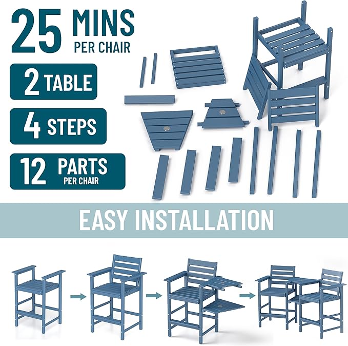 Tall Adirondack Chairs Set of 2, HDPE Balcony Chair, All Weather Adirondack Bar Height Chairs Set of 2 with Two Detachable Tray, Outdoor Bar Stools Set for Bistro, Poolside, Patio, Blue