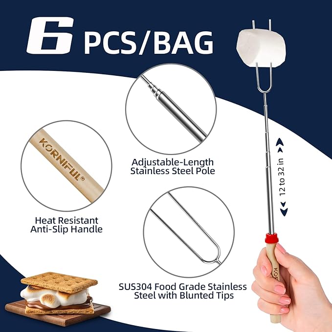 6 pack Smores Sticks for Fire Pit, 32 Inch Marshmallow Roasting long Skewers kit for Campfire - Hot Dog Fork Portable Extendable Stainless Steel Outdoor Trips Accessories