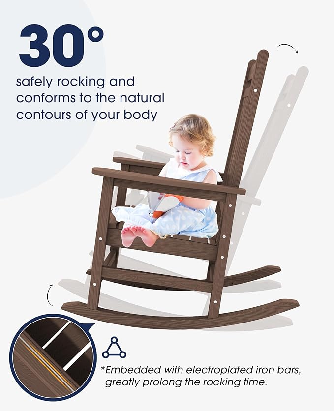 KINGYES Outdoor Rocking Chair, All-Weather Patio Rocking Chairs for Porch, HDPE Rocking Outdoor Chairs with High Back for Adult, Heavy Duty Outdoor Patio Rockers for Garden, Lawn, Brown