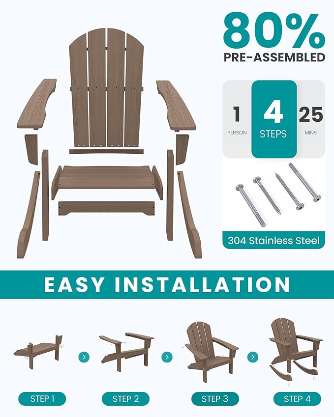 SERWALL Outdoor Adirondack Rocking Chairs Set of 4, All-Weather HDPE Adirondack Rocker Chair, Front Porch Rocker Chairs for Patio Lawn Porch Deck, Coffee