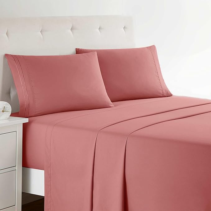 Clara Clark Bed Sheets, Premier 1800 Series Bed Sheet Set, Deep Pocket, Wrinkle, Fade, Stain Resistant, Luxury Soft Bedding Sheets & Pillowcases, Queen, Pink Clay