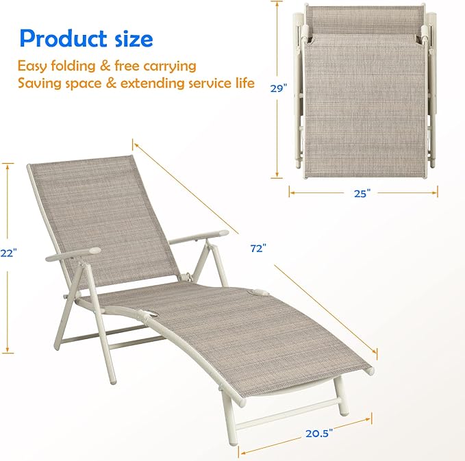 Devoko Lounge Chairs for Outside Patio Chaise Lounge Outdoor Poolside Adjustable Recliner Folding Lounge Chairs Set of 2 for Garden Beach (Beige)