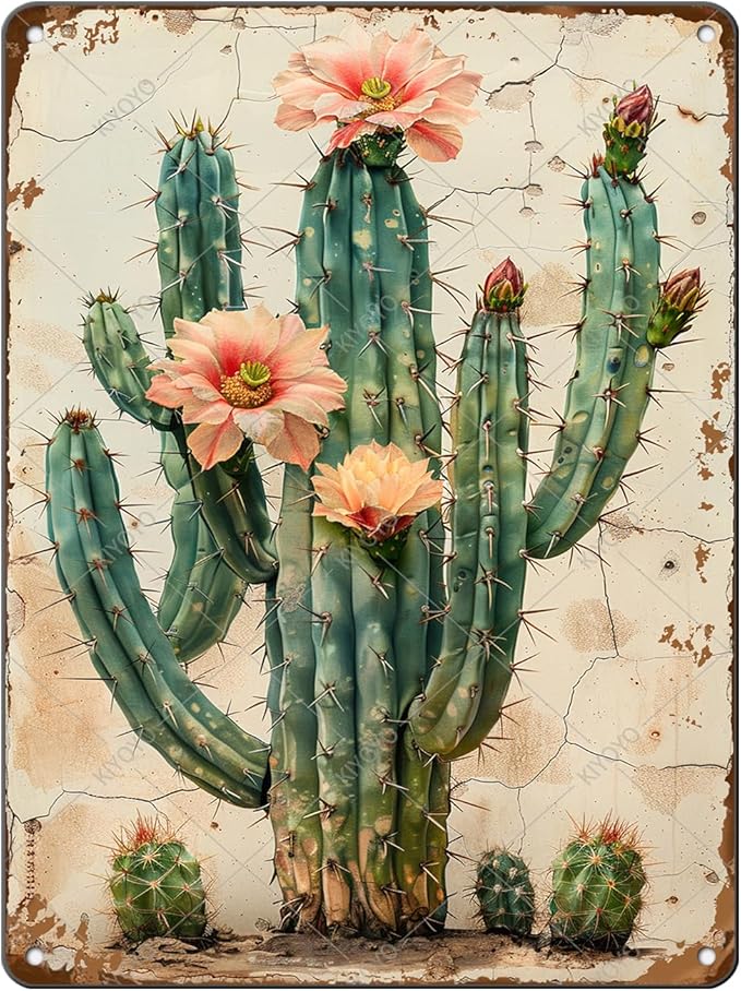 Vintage Tin Sign Cactus Wall Art Cacti Art Wall Sign Decor for Home Kitchen Garage Outdoor Yard Farmhouse 16x12 Inch