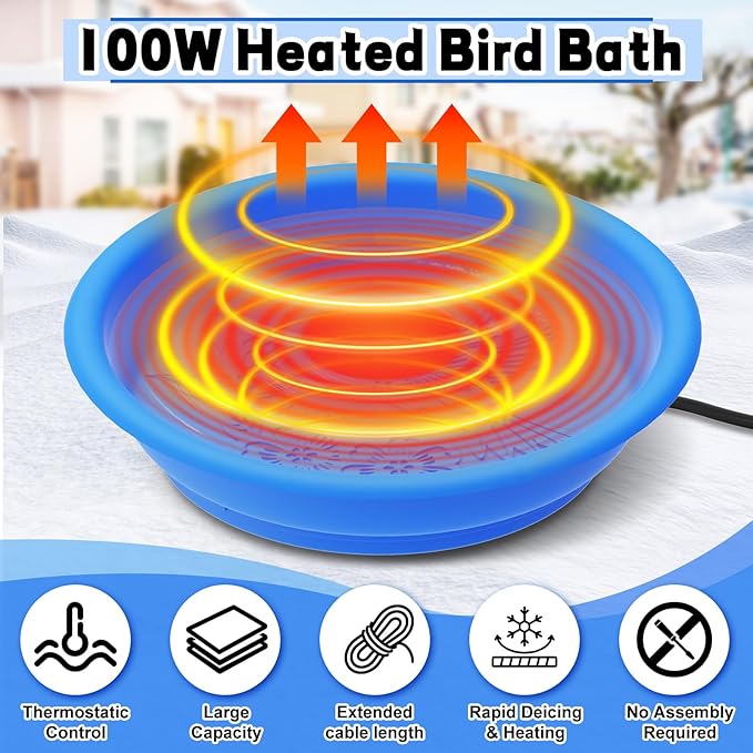Heated Bird Bath Bowl for Outside,100W Thermostatically Controlled Heated Birdbath Single Bowl Water Heated Bird Bath for Outdoor Winter Garden Patio Yard Lawn Deck(Blue)