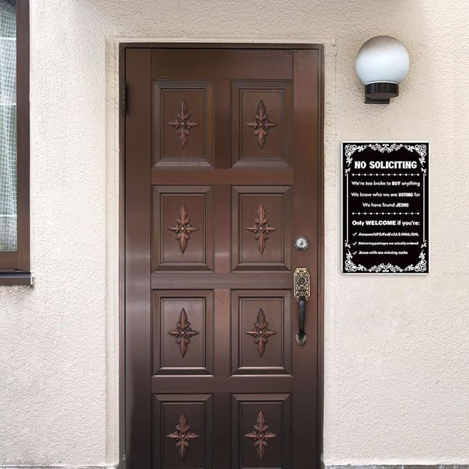 No Soliciting Sign For Front Door, No Soliciting Yard Sign 'We'Re Too Broke To Buy Anything' Metal Wall Art Signs for Outside, Funny Metal Signs For Door House Outside Decor 7.8 X 11.8 Inch