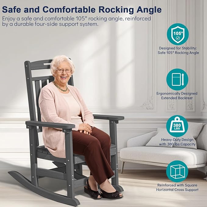 Plawdlik Oversized Rocking Chair,HDPE All-Weather Outdoor Rocking Chair,Patio Rocking Chairs for Porch.Grey