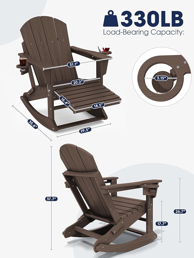 KINGYES Adirondack Rocking Chair Set of 4 with Retractable Ottoman and Cup Holders, HDPE Adirondack Rocker Patio Rocking Chair for Porch, Patio, Balcony, Coffee Brown