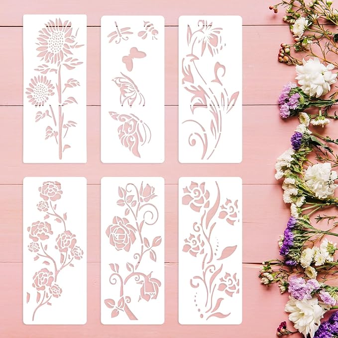 Large Flower Stencils for Painting, 6PCS 12 x 6 Inch Craft Stencils for Decorating Furniture, Fence, Walls, and Windows