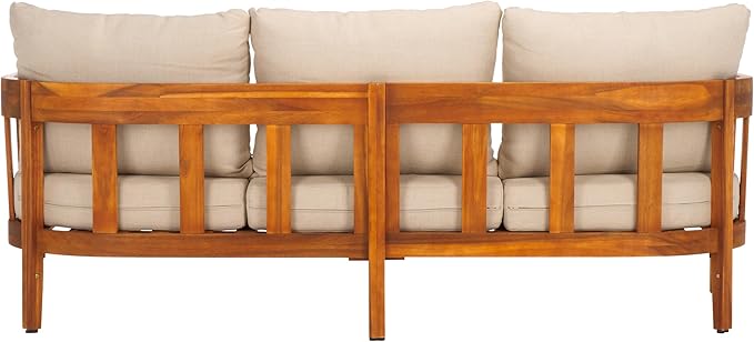 SAFAVIEH Outdoor Collection Owen Natural Teak Solid Wood/Taupe Cushion 3-Seater Sofa