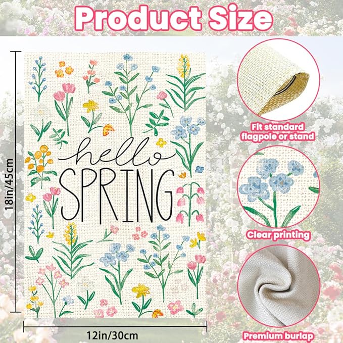 DIYDEC Hello Spring Garden Flag 12x18 Inch Vertical Double Sided Burlap Spring Tulip Flowers Flag Holiday Yard Sign for Outdoor Garden Seasonal Farmhouse Spring Summer Decoration