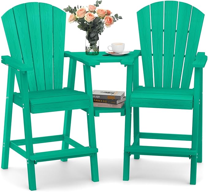 Ciokea Tall Adirondack Chairs Set of 2, HDPE Outdoor Adirondack Bar Stools with Double Connecting Tray, Weather Resistant High Back Adirondack Balcony Chairs for Deck, Lawn, Pool, Backyard, Lake Blue