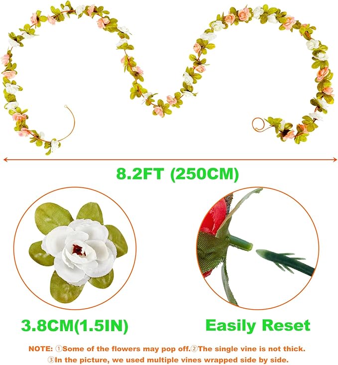 8 Pcs x 8.2 ft Flower Garland Artificial Rose Vine Flowers with Green Leaves Hanging Fake Roses Vine for Room Party Home Wedding Birthday Christmas Wall Arch Decor, White Blue Flower